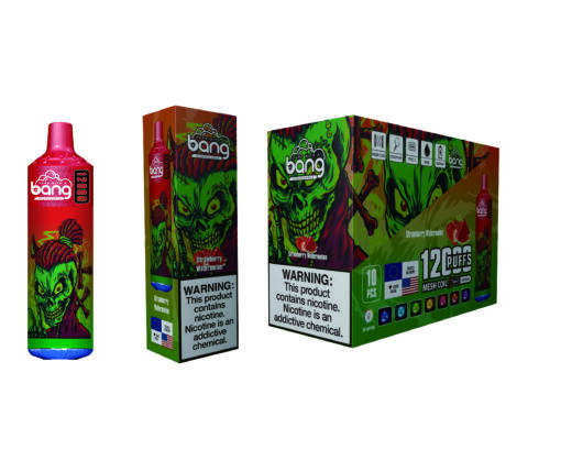 A colorful packaging set for a vaping product labeled 'Bang' featuring images of a cartoonish green-skinned character, with the label reading 'Strawberry Watermelon' and warnings about nicotine addiction prominently displayed.