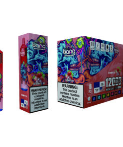 A vibrant packaging design for Bang's Strawberry Ice vape product, featuring a bold red and blue skull graphic on the bottle, and colorful artwork with warnings about nicotine addiction on the box, which highlights that it contains 12,000 puffs and includes 10 pieces with a mesh coil.
