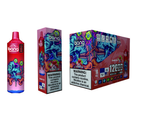 A vibrant packaging design for Bang's Strawberry Ice vape product, featuring a bold red and blue skull graphic on the bottle, and colorful artwork with warnings about nicotine addiction on the box, which highlights that it contains 12,000 puffs and includes 10 pieces with a mesh coil.