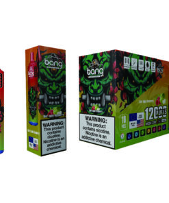 A vibrant display of a Sour Apple Raspberry vaping product by Bang, featuring a glossy red container labeled '12000 puffs' alongside a colorful box, both adorned with a green, menacing cartoon face and multiple warning labels about nicotine addiction.