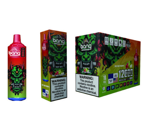 A vibrant display of a Sour Apple Raspberry vaping product by Bang, featuring a glossy red container labeled '12000 puffs' alongside a colorful box, both adorned with a green, menacing cartoon face and multiple warning labels about nicotine addiction.