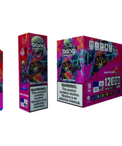 A colorful packaging for Bang disposable vape products, featuring a prominent skull design, the text 'Raspberry Watermelon', and a warning label about nicotine, presented in a three-dimensional view showing the vape bottle, a single pack, and a box containing multiple vapes.