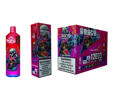 A colorful packaging for Bang disposable vape products, featuring a prominent skull design, the text 'Raspberry Watermelon', and a warning label about nicotine, presented in a three-dimensional view showing the vape bottle, a single pack, and a box containing multiple vapes.