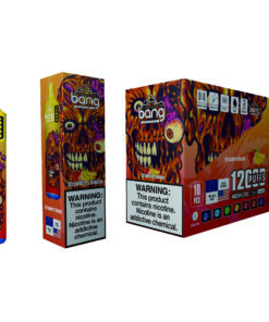 A colorful display of a Bang vape product, featuring a yellow vape device with a cartoonish monster design and a package labeled 'Strawberry Banana' containing ten disposable devices, with visible warning labels about nicotine addiction.