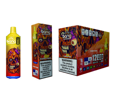 A colorful display of a Bang vape product, featuring a yellow vape device with a cartoonish monster design and a package labeled 'Strawberry Banana' containing ten disposable devices, with visible warning labels about nicotine addiction.