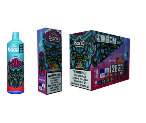 A colorful vape device and its packaging featuring a vibrant alien-themed design, labeled with 'Strawberry Kiwi' flavor and containing warnings about nicotine addiction.