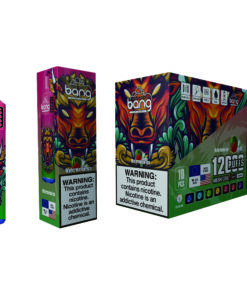 A colorful packaging and device for Bang e-cigarettes, featuring a pink vape labeled '1200' alongside a box depicting a vibrant lion design and 'Watermelon Ice' flavor, with warnings about nicotine addiction on the front.
