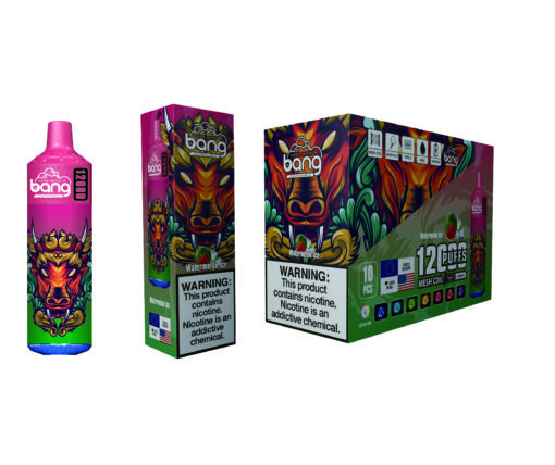 A colorful packaging and device for Bang e-cigarettes, featuring a pink vape labeled '1200' alongside a box depicting a vibrant lion design and 'Watermelon Ice' flavor, with warnings about nicotine addiction on the front.
