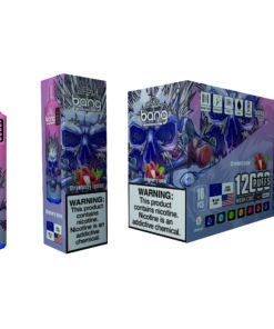 A vibrant packaging display for Bang disposable vapes, featuring a pink bottle labeled '1200' and a box prominently showing the flavors 'Strawberry Lychee' with artistic skull design and a warning regarding nicotine content.