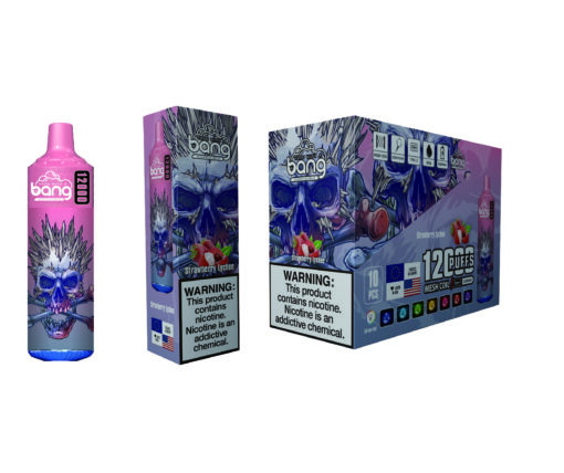 A vibrant packaging display for Bang disposable vapes, featuring a pink bottle labeled '1200' and a box prominently showing the flavors 'Strawberry Lychee' with artistic skull design and a warning regarding nicotine content.