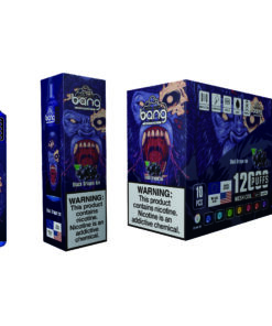 A colorful vape product display featuring a vibrant blue vape pen labeled 'bang' with a graphic of a roaring monster face, alongside its packaging and box, all depicting the 'Black Dragon Ice' flavor with a warning about nicotine addiction.