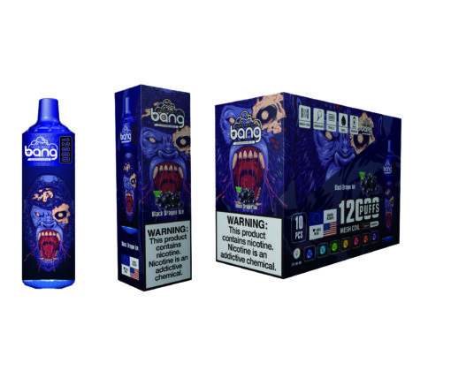 A colorful vape product display featuring a vibrant blue vape pen labeled 'bang' with a graphic of a roaring monster face, alongside its packaging and box, all depicting the 'Black Dragon Ice' flavor with a warning about nicotine addiction.
