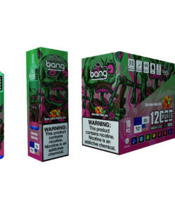 A colorful vape pen and its packaging labeled 'Bang' with a graphic of a green zombie and 'Watermelon Bubble Gum' flavor, featuring a warning about nicotine addiction.