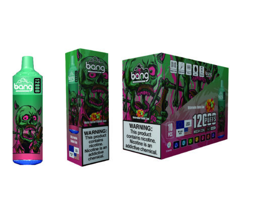 A colorful vape pen and its packaging labeled 'Bang' with a graphic of a green zombie and 'Watermelon Bubble Gum' flavor, featuring a warning about nicotine addiction.