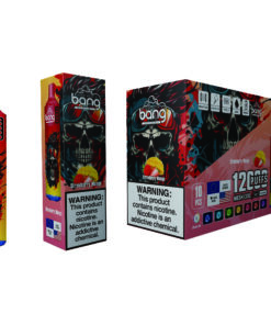 A colorful vape product package featuring a stylized sugar skull design, labeled as 'Bang' with a flavor of 'Strawberry Mango', displaying a prominent warning about nicotine, alongside a bottle of the vape with a red top and bold graphics.