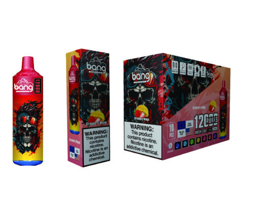 A colorful vape product package featuring a stylized sugar skull design, labeled as 'Bang' with a flavor of 'Strawberry Mango', displaying a prominent warning about nicotine, alongside a bottle of the vape with a red top and bold graphics.