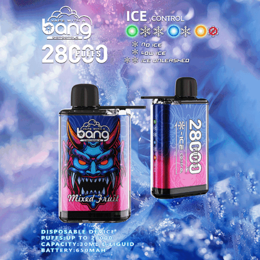 Eine farbenfrohe Werbung für ein Einweg-Vape-Gerät mit Drachenmotiv und der Aufschrift „Mixed Fruit“ zeigt Optionen zur Eiskontrolle, wobei die Highlights Kapazität (30 ml), Akku (650 mAh) und die Möglichkeit, bis zu 28.000 Züge zu erzeugen, sind. Der Hintergrund hat eine frostige Ästhetik.