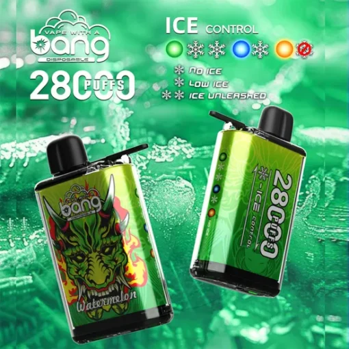 Einweg-Vape-Gerät mit der Marke „Vape with a Bang“, das bis zu 28.000 Züge ermöglicht, 30 ml E-Liquid-Kapazität hat, einen 650 mAh-Akku besitzt und über eine „Ice Control“-Funktion verfügt, die von keinem Eis bis zur Eisfreisetzung reicht, präsentiert mit leuchtend blauen und rosa Designs.