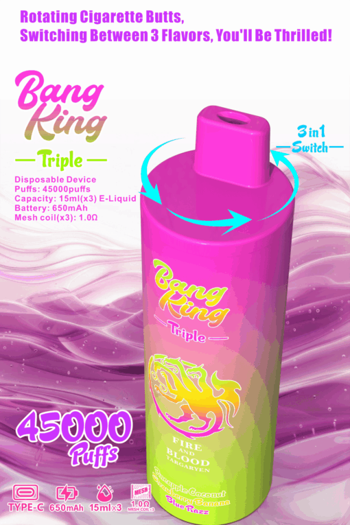 A colorful disposable vape device labeled 'Bang King Triple', featuring three flavor options: Pineapple Coconut, Strawberry Banana, and Blue Razz, with specifications for 45,000 puffs, a 15ml e-liquid capacity, and a 650mAh battery.