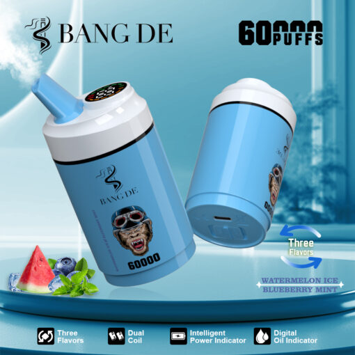 Un dispositivo per svapare di colore blu e cilindrico, etichettato "BANG DE", dotato di un bocchino, un indicatore di potenza e una capacità di 60.000 tiri, accompagnato da immagini di anguria e foglie di menta che suggeriscono i gusti disponibili.