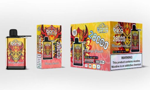Einweg-Vaporizer von Bang mit Mango-Pfirsich-Geschmack, mit Verpackung, farbenfrohem Design und Warnhinweis.
