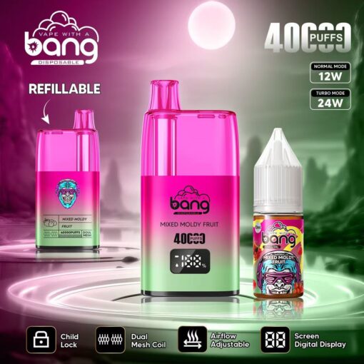 Un anuncio colorido que muestra un dispositivo de vapeo desechable con la etiqueta "bang" y un diseño vibrante en rosa y verde, que muestra su función de recarga, un sabor llamado "Mixed Moldy Fruit" y especificaciones que destacan 4000 bocanadas, modos de potencia y flujo de aire ajustable. También aparece una botella de líquido para vapear junto al dispositivo.