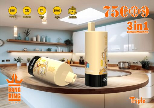 Ein Bang King Vape-Gerät steht auf einem Tisch in einer modernen Küche und präsentiert sein auffälliges Design und Funktionen wie 75.000 Züge, ein 3-in-1-Aromasystem und einen Ladeanschluss, mit dekorativen Küchenartikeln im Hintergrund.