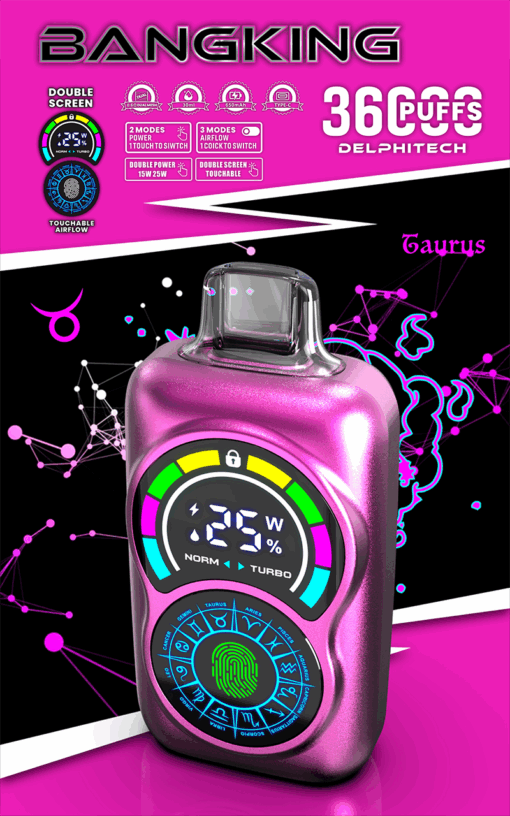 Un primer plano de un dispositivo de vapeo rosa con una pantalla doble, que muestra configuraciones de potencia y modos de flujo de aire, con un diseño de huellas dactilares y signos del zodíaco.