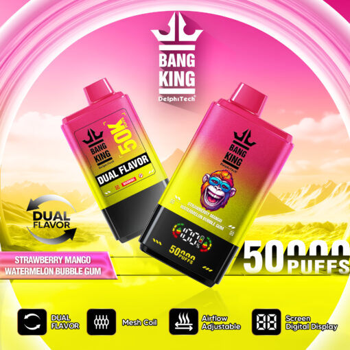 Ein farbenfrohes Vape-Gerät mit zwei Geschmacksrichtungen, darunter Erdbeer-Mango und Wassermelonen-Kaugummi, mit einem digitalen Bildschirm, der 50.000 Züge anzeigt, und einstellbarer Luftzufuhr.