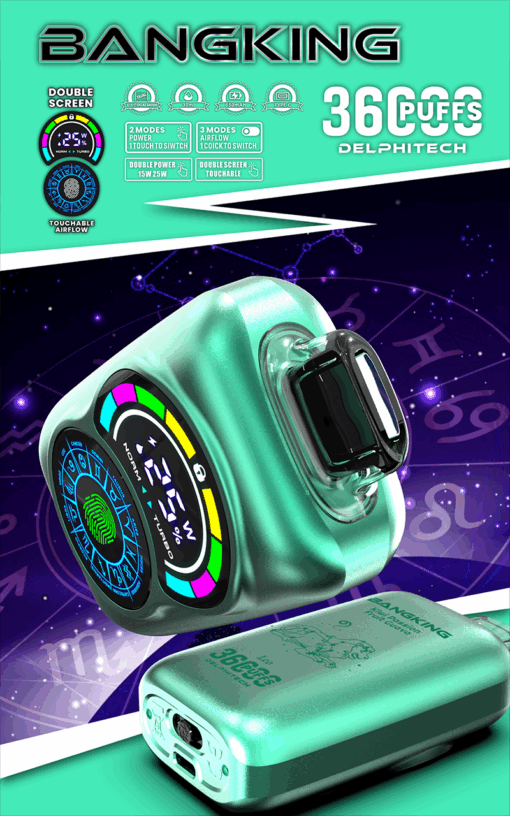 Una imagen de primer plano de un dispositivo de vapeo electrónico de color verde azulado con una pantalla dual, que muestra configuraciones y un diseño de huellas dactilares, con un fondo con símbolos del zodíaco.