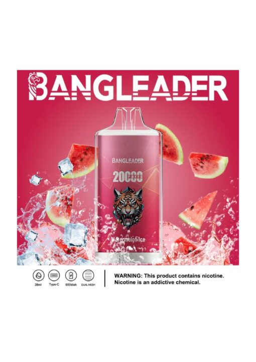 Une publicité colorée pour un produit de vapotage appelé Bangleader, mettant en vedette un appareil de vapotage rose avec un logo de tigre, entouré d'éclaboussures d'eau et de tranches de pastèque, sur un fond rouge vif ; comprend un avertissement concernant la dépendance à la nicotine.