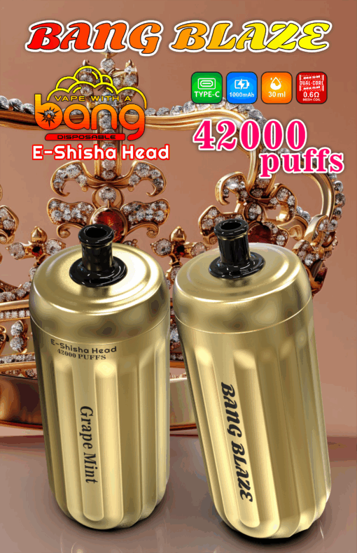 Dos dispositivos de vapeo e-shisha de color dorado etiquetados como "E-Shisha Head" y "Bang Blaze" sobre un fondo decorativo con joyas brillantes, que muestran características como batería de 1000 mAh, capacidad de 30 ml y un recuento de 42 000 bocanadas.