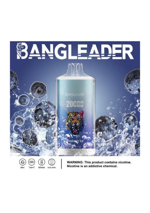 Un appareil de vapotage aromatisé à la glace aux bleuets, mettant en évidence un graphique de tigre coloré sur un fond bleu, entouré de bleuets éclaboussés et de glace, avec une marque notable pour « BANGLEADER » et des détails sur le produit, y compris un avertissement concernant la nicotine.