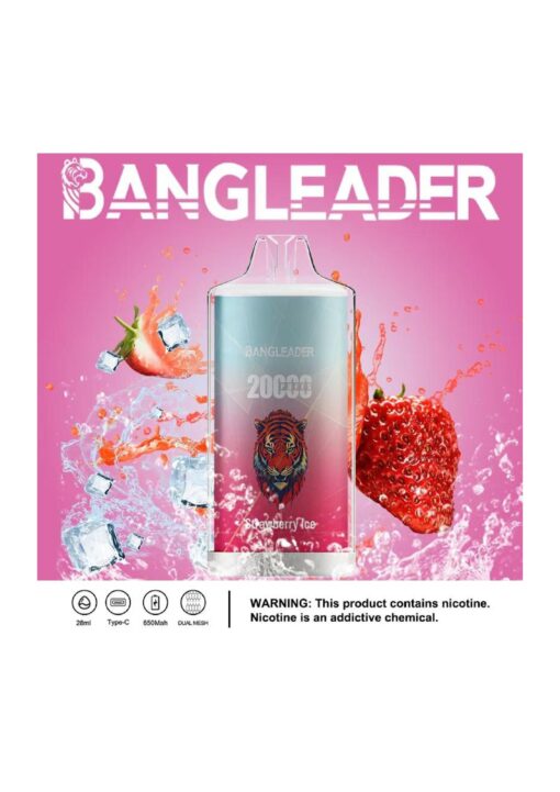 Un appareil de vapotage élégant étiqueté « BANGLEADER » présente un graphisme de tigre, entouré de fraises et de glaçons, sur un fond rose vif avec un avertissement sur la teneur en nicotine.
