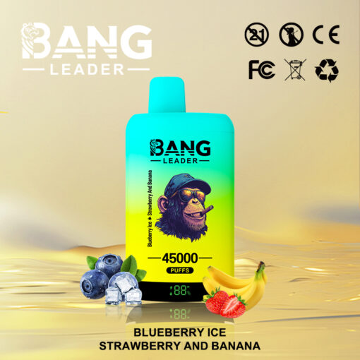 Appareil de vapotage Bang Leader en dégradé bleu et jaune représentant un chimpanzé avec des lunettes de soleil et un chapeau, étiqueté « 45 000 bouffées » avec des graphismes de myrtille, de glaçons, de banane et de fraise indiquant les saveurs, ainsi que des icônes de certification et la marque du produit.