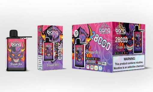 Bang-Verpackung für Einweg-Vaporizer mit einem auffälligen Design mit dämonischem Gesicht, feurigem Hintergrund und violetten Akzenten. Das Produkt trägt die Bezeichnung „Grape Ice“ und bietet 2800 Züge, eine Mesh-Spule, einen wiederaufladbaren 650-mAh-Akku und Typ-C-Ladefunktion. Es wird eine Nikotinwarnung angezeigt.