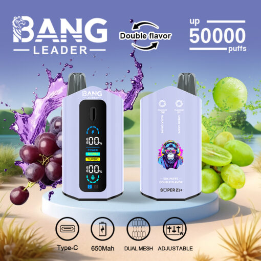 Image promotionnelle pour l'appareil de vapotage Bang Leader, présentant deux appareils avec écrans numériques, entourés d'illustrations de raisin et de raisin vert, et présentant des caractéristiques de produit telles qu'une double saveur, jusqu'à 50 000 bouffées, une charge de type C, une batterie de 650 mAh, une double maille et des paramètres réglables.