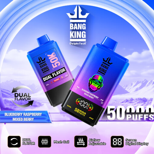 Bang King Einweg-Vape mit zwei Geschmacksrichtungen: Blaubeere, Himbeere, gemischte Beeren, 50.000 Züge, Digitalanzeige, einstellbare Luftzufuhr, Mesh-Spule.