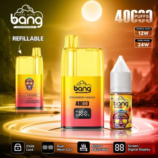 Vape with a Bang, vaporizador desechable sabor fresa y mango, que muestra el dispositivo recargable con flujo de aire ajustable y una pantalla digital, junto a una botella de e-líquido.