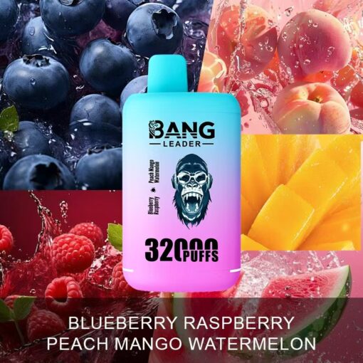 Un produit de vapotage coloré avec un logo de gorille, entouré d'images de myrtilles, de framboises, de pêches, de mangues et de pastèque, affichant la saveur « Myrtille Framboise Pêche Mangue Pastèque » et « 32 000 Puffs ».