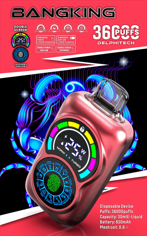 Un primer plano de un colorido dispositivo de vapeo desechable con una pantalla digital que muestra configuraciones, un diseño de huellas dactilares y símbolos del zodíaco, sobre un fondo de escorpión de neón.