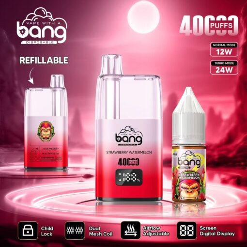 Dispositivo de vapeo desechable con la marca "Vape with a Bang", con diseño recargable, 4000 caladas, sabor a fresa y sandía, resistencia de doble malla, flujo de aire ajustable y pantalla digital. Incluye una botella de e-líquido de 10 ml.