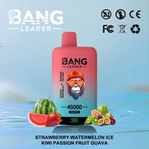 Vape jetable Bang Leader avec un graphisme d'un singe portant des lunettes de soleil et une casquette, affiché sur une surface réfléchissante avec des fruits assortis, notamment de la pastèque, du kiwi, du fruit de la passion et de la goyave, étiquetés avec des saveurs et 45 000 bouffées.