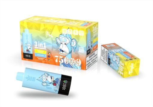 Ein 3-in-1-Paket für ein Vaping-Produkt mit einem blauen Vape-Pen mit Affendesign und den Geschmacksrichtungen Ananas-Kokosnuss, Blue Razz und Erdbeer-Banane sowie einer Schachtel, die hervorhebt, dass sie 75 Züge bietet und 10 Stück enthält, vor einem leuchtend gelben und blauen Hintergrund.
