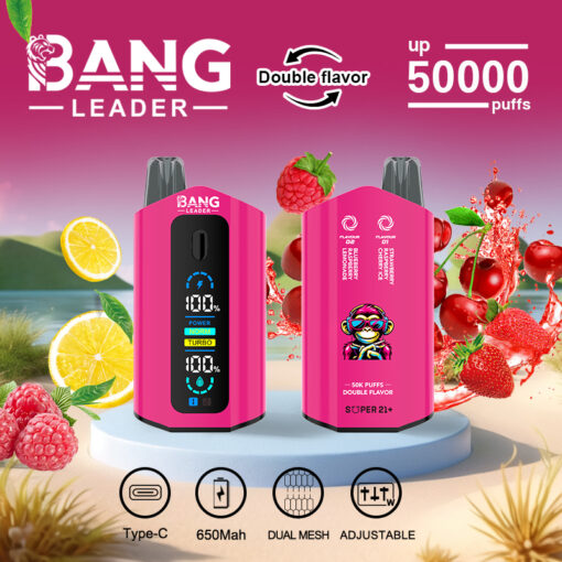 Image promotionnelle pour la vape jetable Bang Leader avec fonction double saveur, montrant deux appareils roses, des fruits comme le citron, les framboises et les cerises en arrière-plan, et les points forts du produit, notamment jusqu'à 50 000 bouffées, une charge de type C, une batterie de 650 mAh, une bobine à double maille et des paramètres réglables.