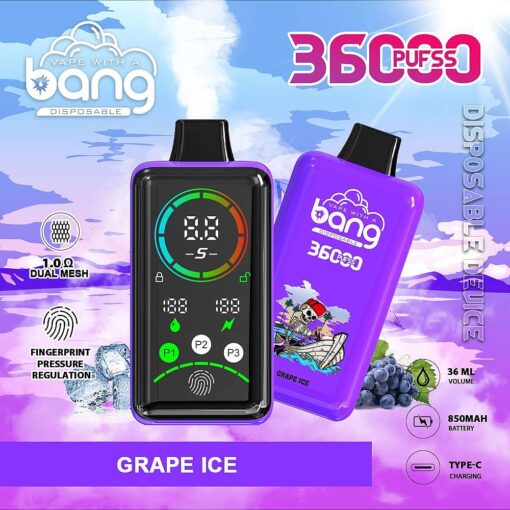 Dispositivo per svapare con design "Grape Ice" viola, dotato di display digitale con regolazione della pressione e dettagli sulla batteria, etichettato con "36000 PUFFS" e raffigurante un teschio.