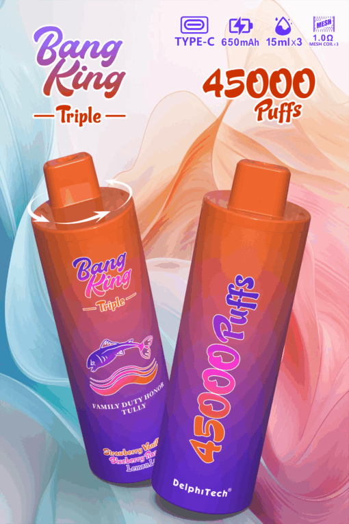 A graphic featuring two brightly colored vape devices labeled 'Bang King Triple', showcasing a total of 45,000 puffs, with flavor descriptions including strawberry vanilla and blueberry raspberry against a soft, abstract background.
