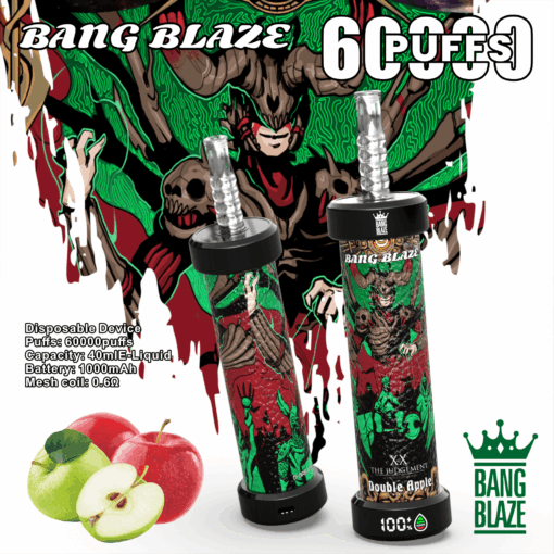 Un appareil de vapotage jetable coloré étiqueté « Bang Blaze » d'une capacité de 60 000 bouffées, présentant un design saisissant d'une figure cornue et des accents verts, aux côtés de deux pommes rouges, le tout affiché sur un fond abstrait.