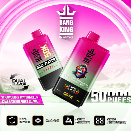 Ein Werbebild eines Bang King Vape-Produkts mit zwei Geschmacksrichtungen, mit einem digitalen Bildschirm, der 50.000 Züge anzeigt und Aromen wie Erdbeer-Wassermelone, Kiwi, Passionsfrucht und Guave hervorhebt.