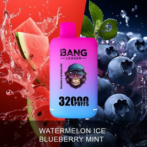 Un appareil à vapotage portant l'étiquette « Bang Leader », proposant des saveurs de glace à la pastèque et de menthe aux myrtilles, entourées d'éclaboussures de pastèque et de myrtilles.